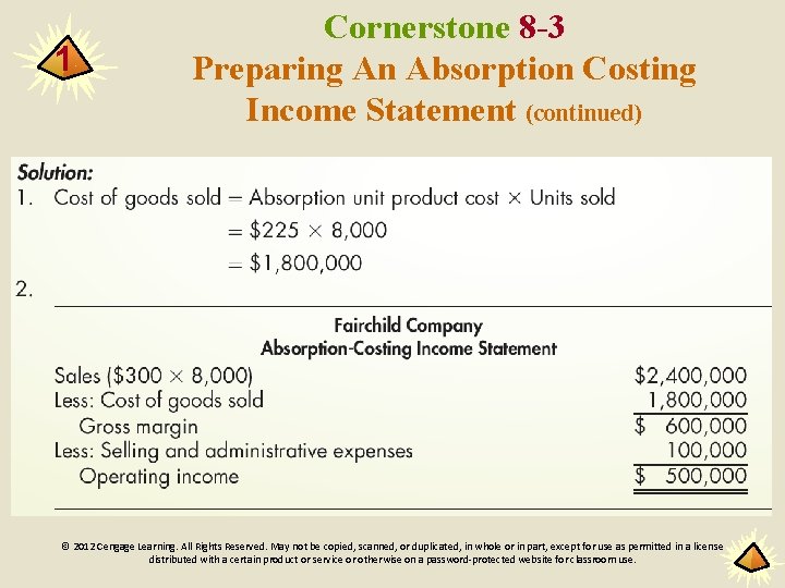1 Cornerstone 8 -3 Preparing An Absorption Costing Income Statement (continued) © 2012 Cengage