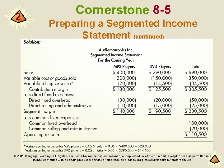 2 Cornerstone 8 -5 Preparing a Segmented Income Statement (continued) © 2012 Cengage Learning.