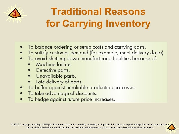 3 Traditional Reasons for Carrying Inventory © 2012 Cengage Learning. All Rights Reserved. May