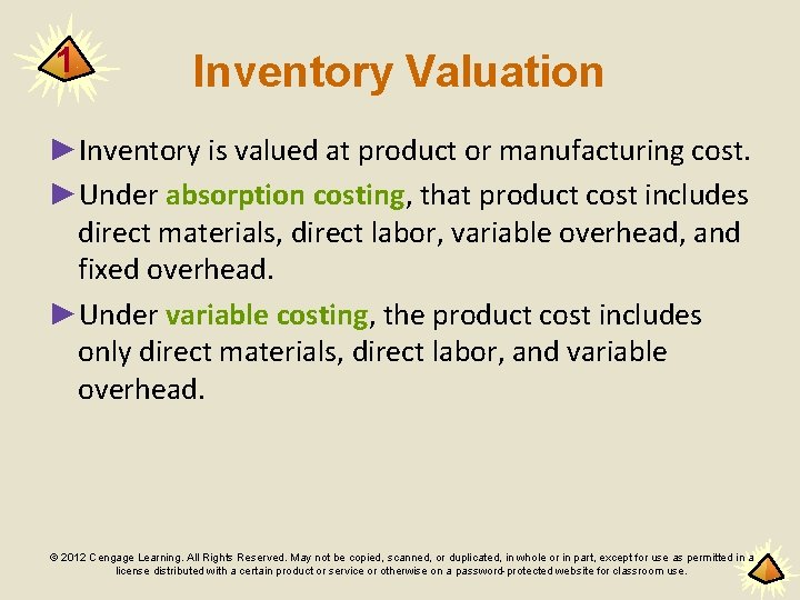 1 Inventory Valuation ►Inventory is valued at product or manufacturing cost. ►Under absorption costing,