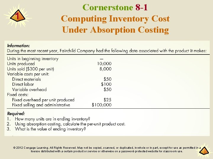 1 Cornerstone 8 -1 Computing Inventory Cost Under Absorption Costing © 2012 Cengage Learning.