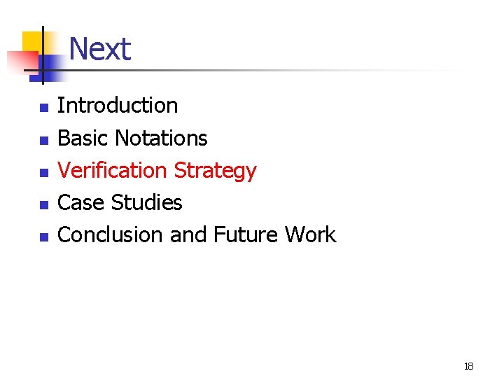 Next n n n Introduction Basic Notations Verification Strategy Case Studies Conclusion and Future