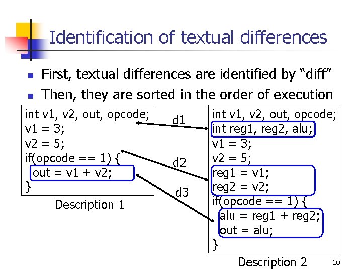 Identification of textual differences n n First, textual differences are identified by “diff” Then,