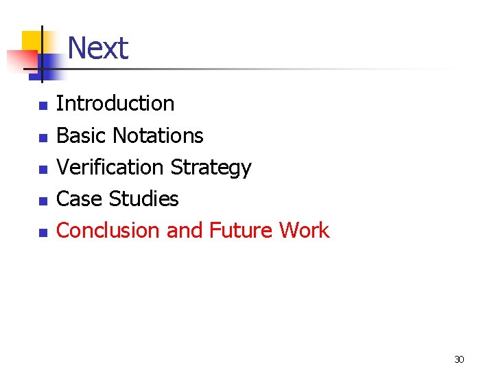 Next n n n Introduction Basic Notations Verification Strategy Case Studies Conclusion and Future