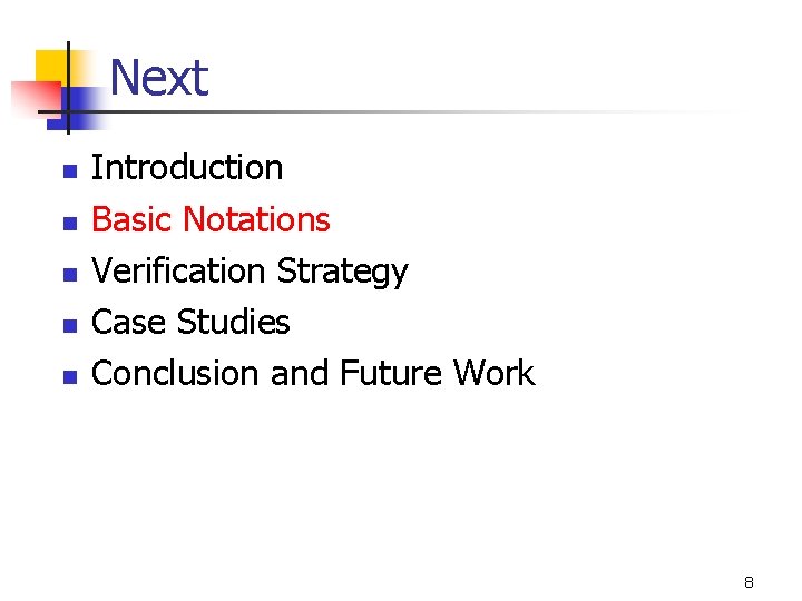Next n n n Introduction Basic Notations Verification Strategy Case Studies Conclusion and Future