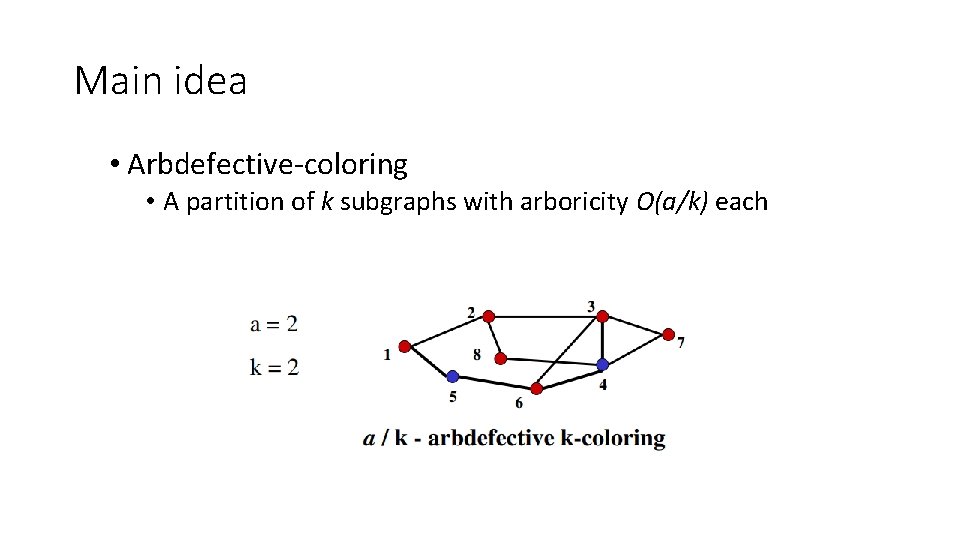 Main idea • Arbdefective-coloring • A partition of k subgraphs with arboricity O(a/k) each