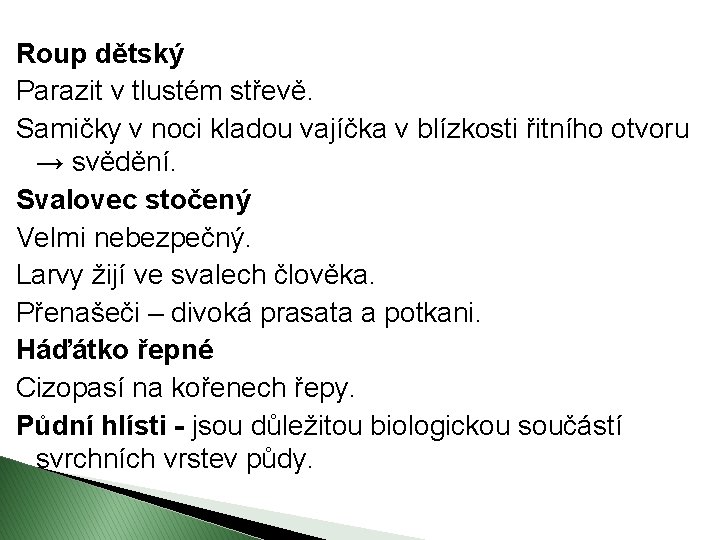 Roup dětský Parazit v tlustém střevě. Samičky v noci kladou vajíčka v blízkosti řitního