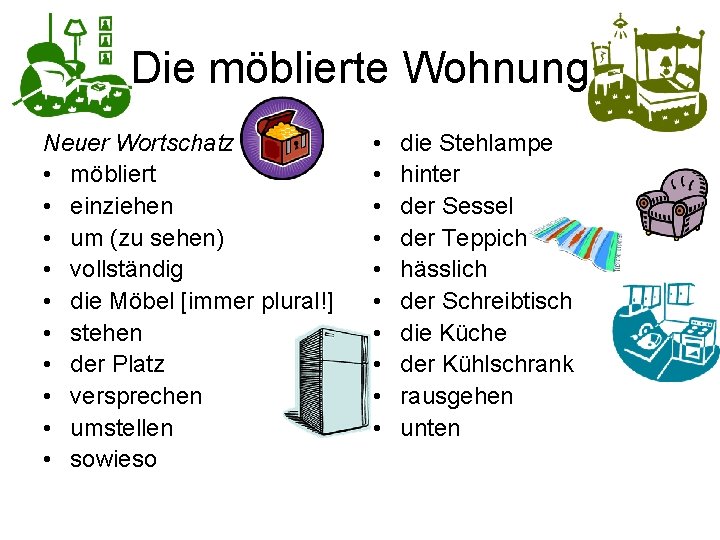 Die möblierte Wohnung Neuer Wortschatz • möbliert • einziehen • um (zu sehen) •