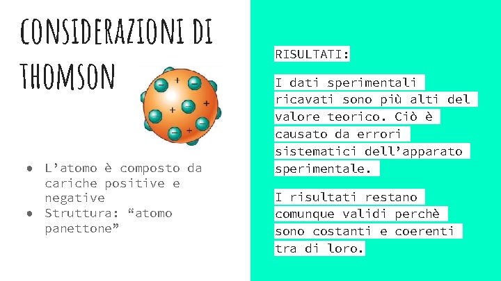 considerazioni di thomson ● L’atomo è composto da cariche positive e negative ● Struttura: