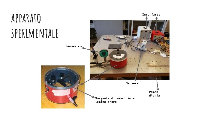 apparato sperimentale Interfacce Manometro Sensore Sorgente di americio e lamina d’oro Pompa d’aria 