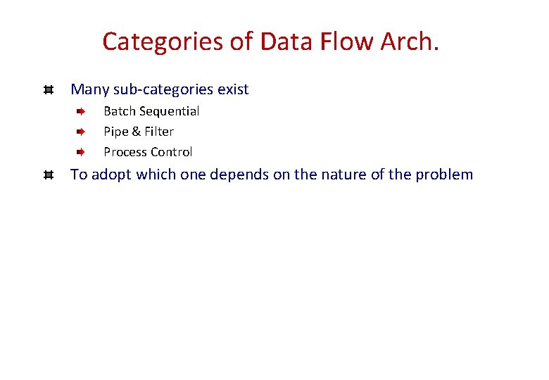 Categories of Data Flow Arch. Many sub-categories exist Batch Sequential Pipe & Filter Process Categories of Data Flow Arch. Many sub-categories exist Batch Sequential Pipe & Filter Process