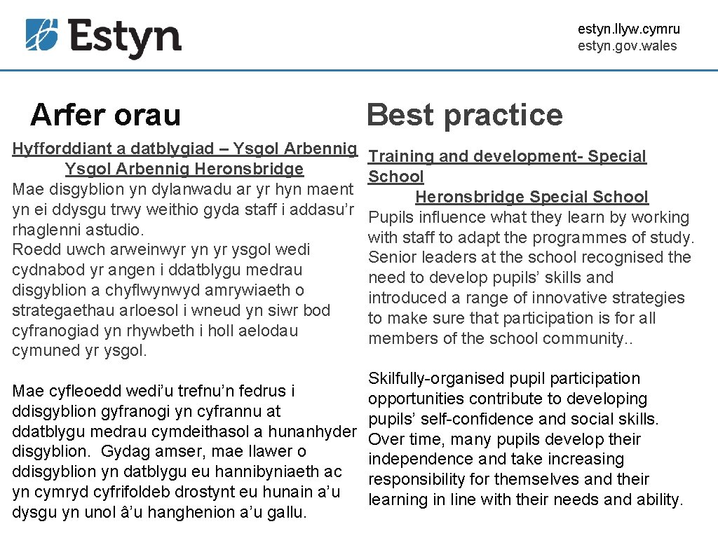 estyn. llyw. cymru estyn. gov. wales Arfer orau Hyfforddiant a datblygiad – Ysgol Arbennig