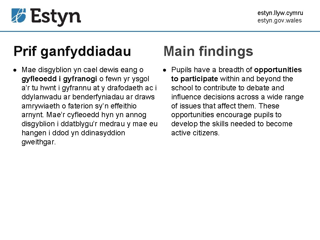 estyn. llyw. cymru estyn. gov. wales Prif ganfyddiadau Main findings Pupils have a breadth