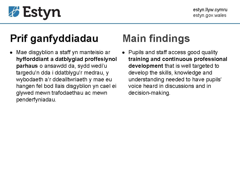 estyn. llyw. cymru estyn. gov. wales Prif ganfyddiadau Main findings Mae disgyblion a staff