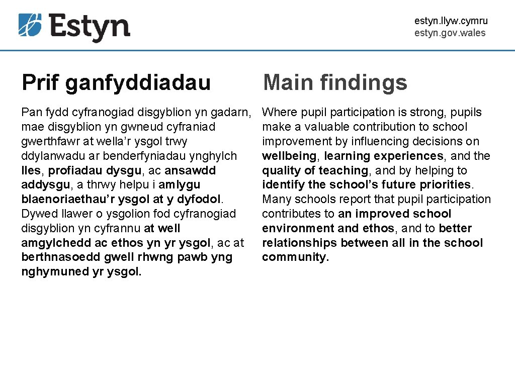 estyn. llyw. cymru estyn. gov. wales Prif ganfyddiadau Main findings Pan fydd cyfranogiad disgyblion