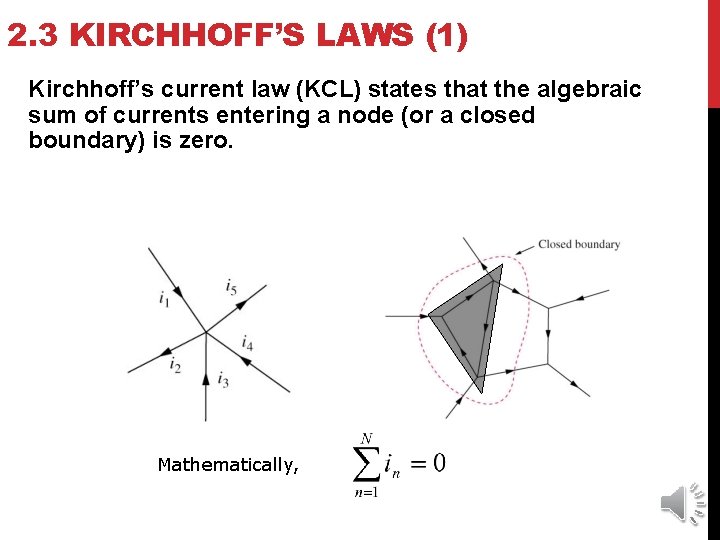 2. 3 KIRCHHOFF’S LAWS (1) Kirchhoff’s current law (KCL) states that the algebraic sum