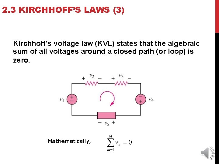 2. 3 KIRCHHOFF’S LAWS (3) Kirchhoff’s voltage law (KVL) states that the algebraic sum