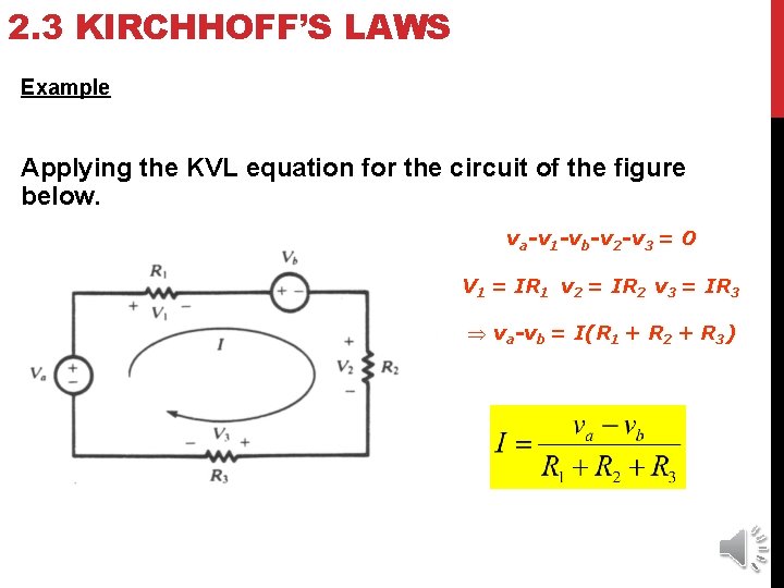 2. 3 KIRCHHOFF’S LAWS Example Applying the KVL equation for the circuit of the