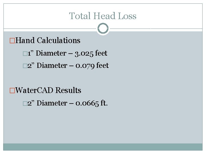 Total Head Loss �Hand Calculations � 1” Diameter – 3. 025 feet � 2”