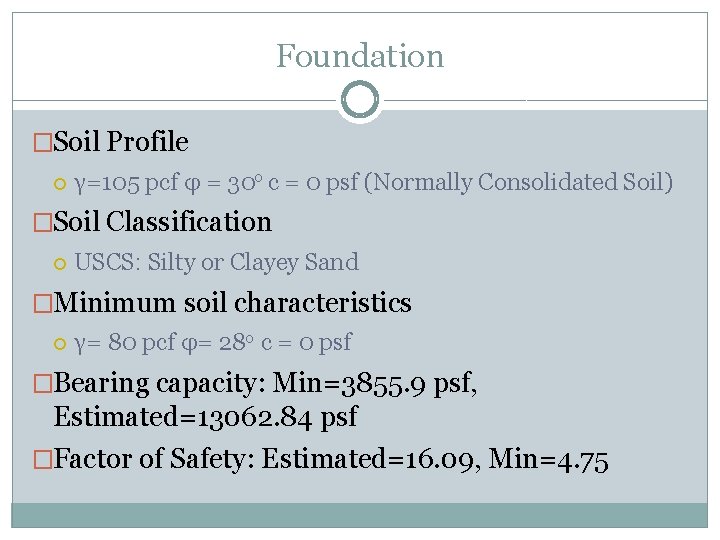 Foundation �Soil Profile γ=105 pcf φ = 30 o c = 0 psf (Normally