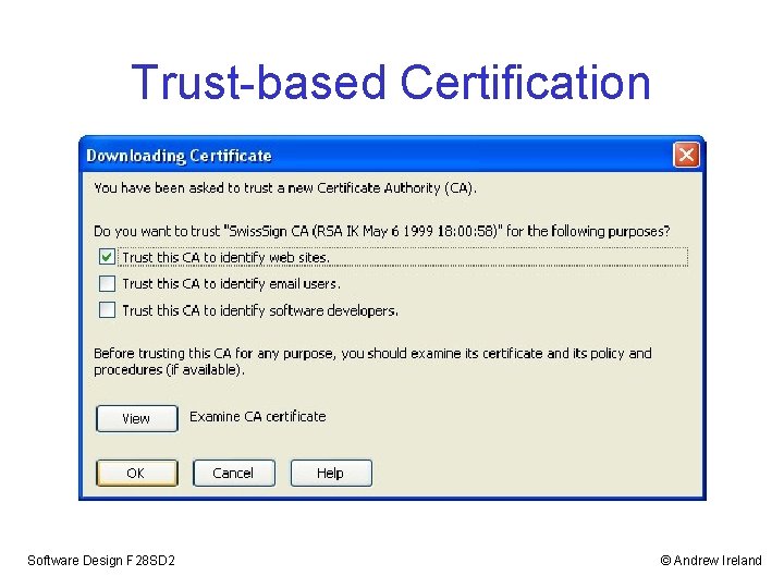 Trust-based Certification Software Design F 28 SD 2 © Andrew Ireland Trust-based Certification Software Design F 28 SD 2 © Andrew Ireland