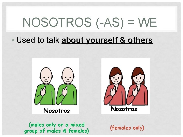 NOSOTROS (-AS) = WE • Used to talk about yourself & others Nosotros (males