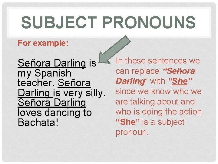 SUBJECT PRONOUNS For example: Señora Darling is my Spanish teacher. Señora Darling is very