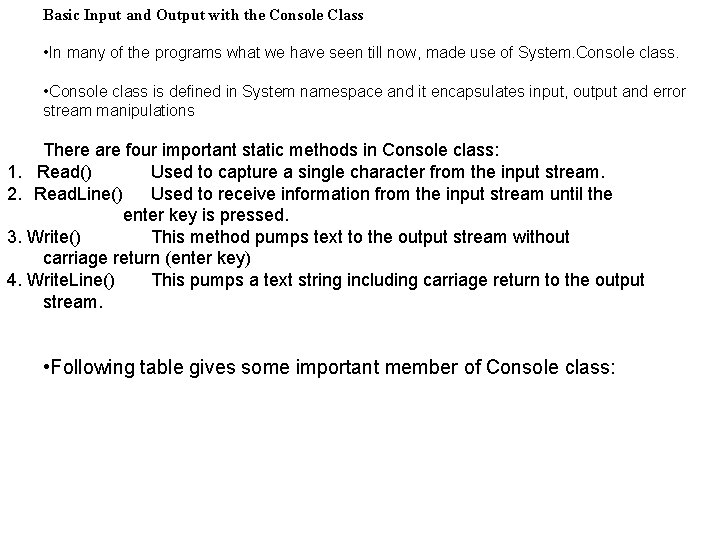 Basic Input and Output with the Console Class • In many of the programs Basic Input and Output with the Console Class • In many of the programs