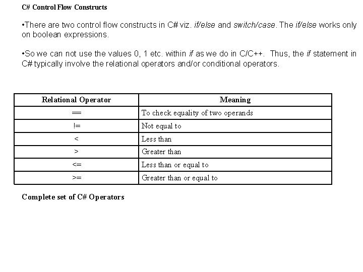 C# Control Flow Constructs • There are two control flow constructs in C# viz. C# Control Flow Constructs • There are two control flow constructs in C# viz.