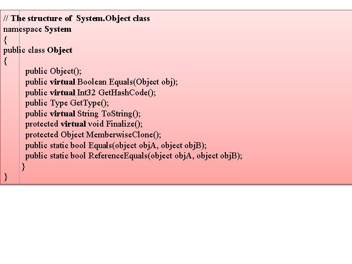 // The structure of System. Object class namespace System { public class Object { // The structure of System. Object class namespace System { public class Object {