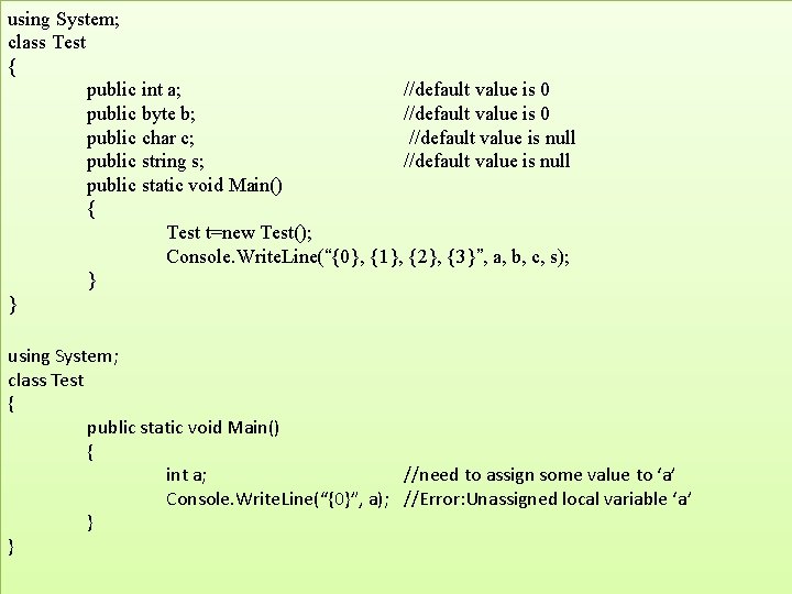 using System; class Test { public int a; //default value is 0 public byte using System; class Test { public int a; //default value is 0 public byte