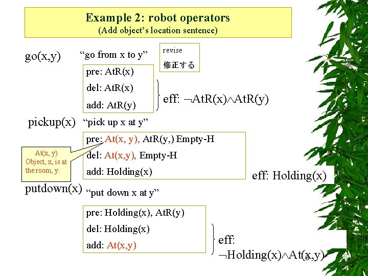 Example 2: robot operators (Add object’s location sentence) go(x, y) “go from x to