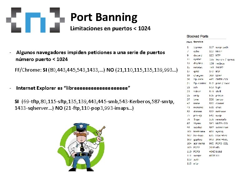 Port Banning Whoam. I Limitaciones en puertos < 1024 - Algunos navegadores impiden peticiones