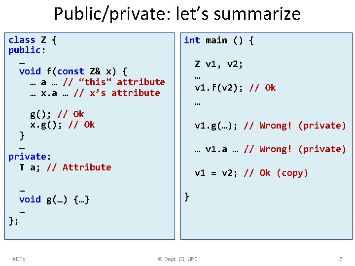 Public/private: let’s summarize class Z { public: … void f(const Z& x) { …