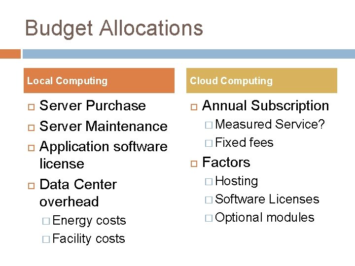 Budget Allocations Local Computing Server Purchase Server Maintenance Application software license Data Center overhead