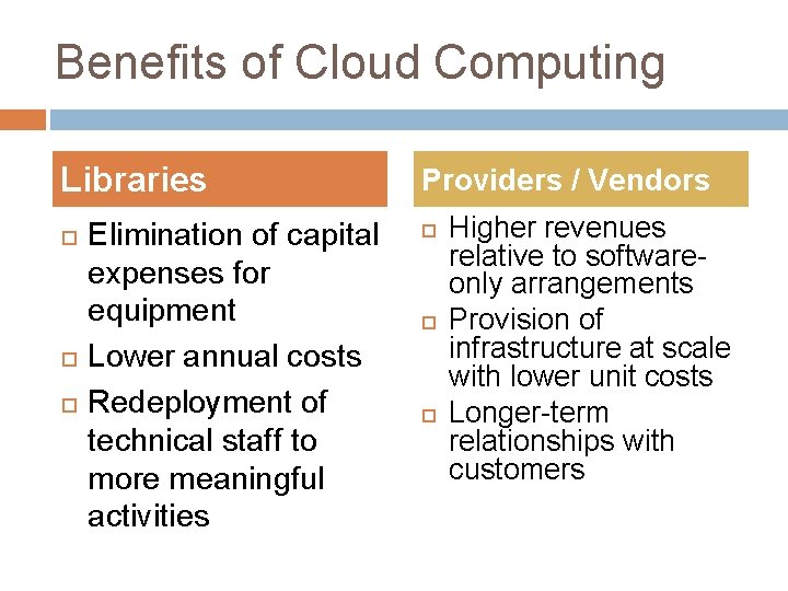 Benefits of Cloud Computing Libraries Elimination of capital expenses for equipment Lower annual costs