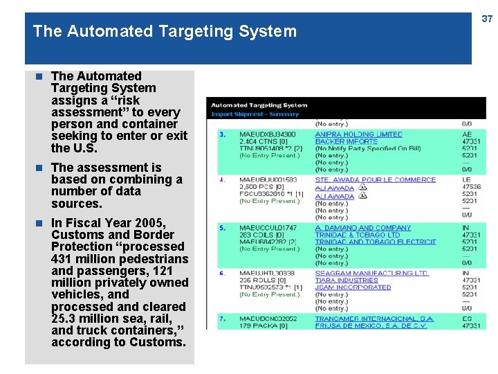 The Automated Targeting System n The Automated Targeting System assigns a “risk assessment” to