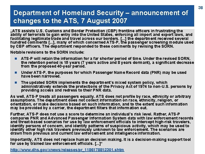 Department of Homeland Security – announcement of changes to the ATS, 7 August 2007