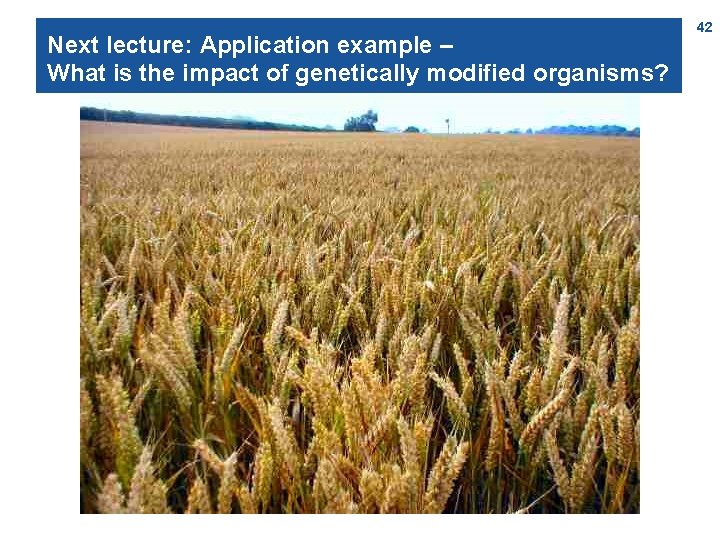 Next lecture: Application example – What is the impact of genetically modified organisms? 42