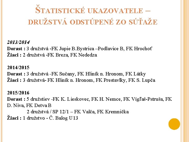 ŠTATISTICKÉ UKAZOVATELE – DRUŽSTVÁ ODSTÚPENÉ ZO SÚŤAŽE 2013/2014 Dorast : 3 družstvá -FK Jupie