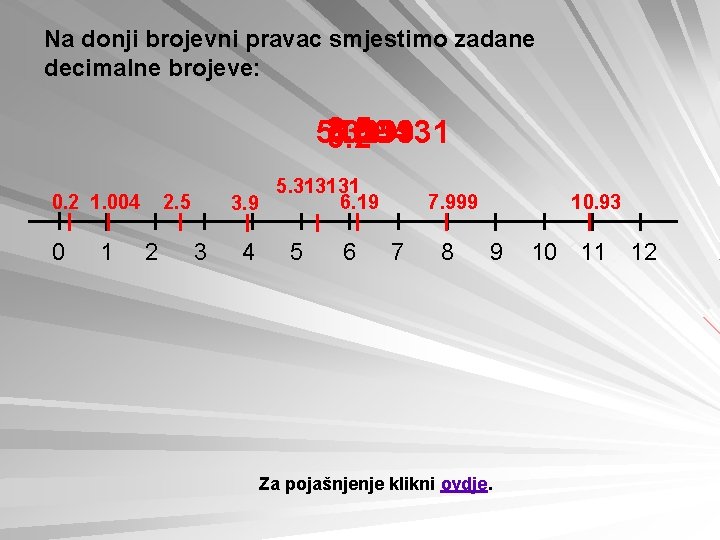 Na donji brojevni pravac smjestimo zadane decimalne brojeve: 2. 5 3. 9 5. 313131