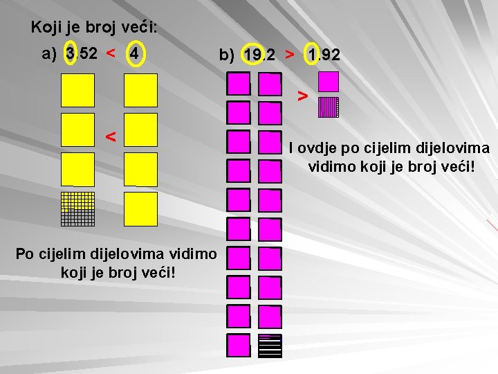 Koji je broj veći: a) 3. 52 < 4 b) 19. 2 > 1.