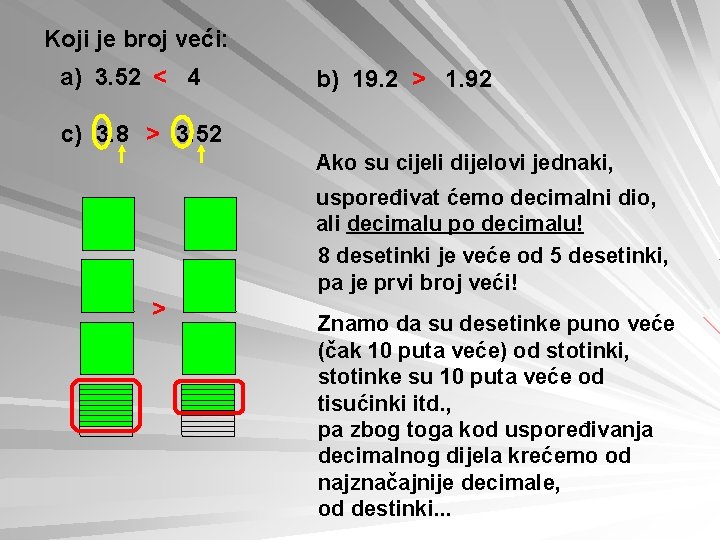 Koji je broj veći: a) 3. 52 < 4 b) 19. 2 > 1.