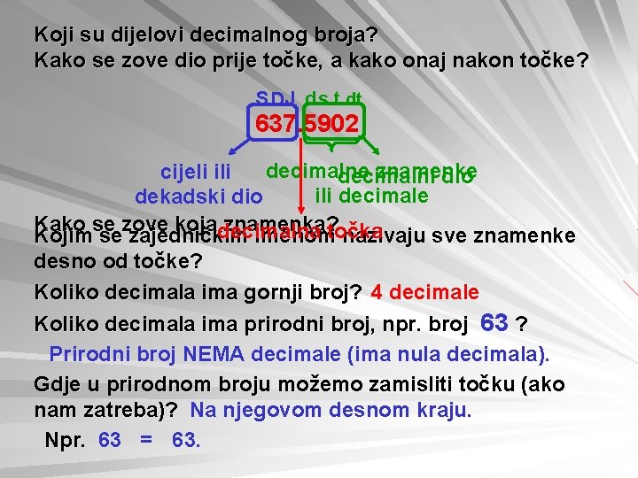 Koji su dijelovi decimalnog broja? Kako se zove dio prije točke, a kako onaj