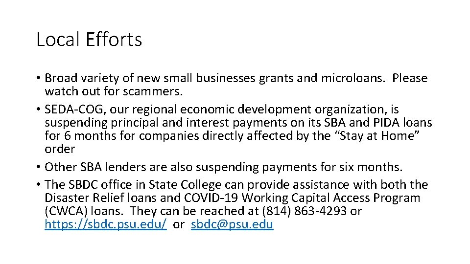 Local Efforts • Broad variety of new small businesses grants and microloans. Please watch