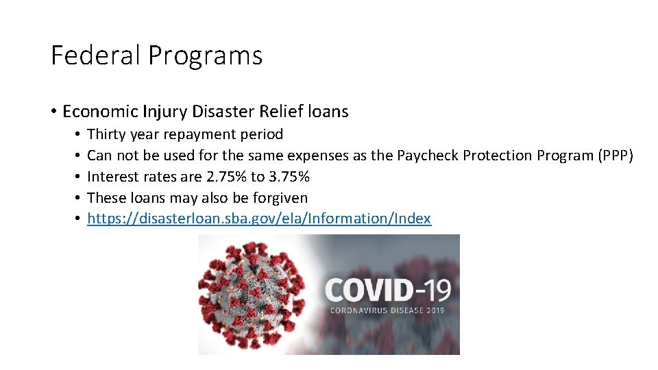 Federal Programs • Economic Injury Disaster Relief loans • • • Thirty year repayment