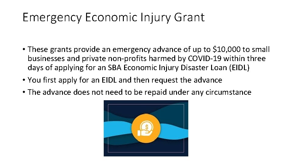 Emergency Economic Injury Grant • These grants provide an emergency advance of up to