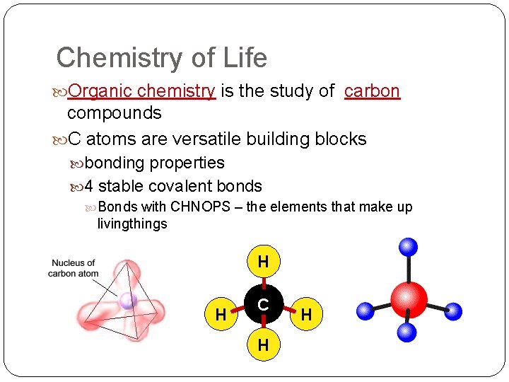 Chemistry of Life Organic chemistry is the study of carbon compounds C atoms are Chemistry of Life Organic chemistry is the study of carbon compounds C atoms are