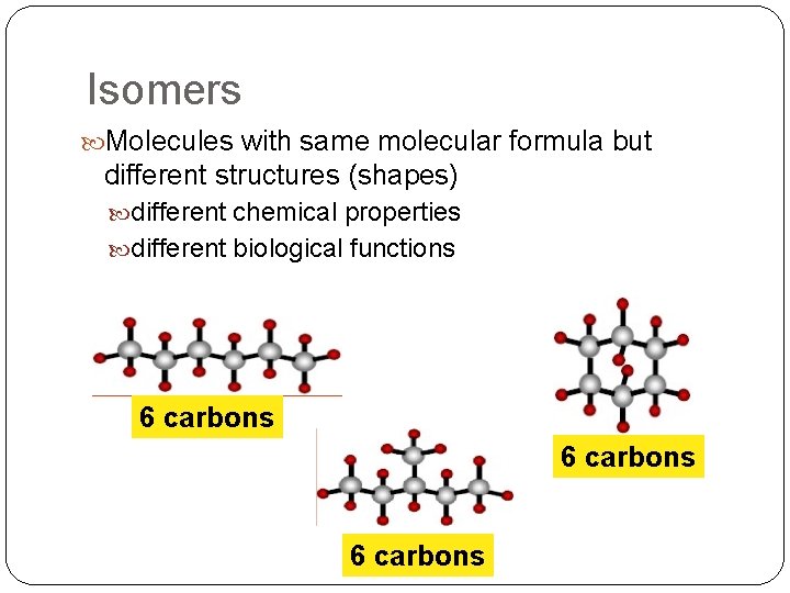 Isomers Molecules with same molecular formula but different structures (shapes) different chemical properties different Isomers Molecules with same molecular formula but different structures (shapes) different chemical properties different