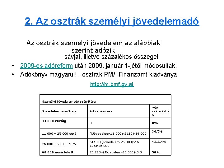 2. Az osztrák személyi jövedelemadó Az osztrák személyi jövedelem az alábbiak szerint adózik sávjai,